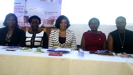 (L-r) Mrs. Efem Nkanga, special (Media) adviser to Minister of Communication Technology, Yemi Keri, chair-person, Edo State ICT Agency,  Lynda Nwafor, chief technology officer, MTN Nigeria, Obafunke Atanda, senior manager, Product Portfolio, Vodacom Business Nigeria, and Frances Eza, marketing communications manager at MainOne, during the Girls In ICT Day celebration in Lagos on Tuesday.